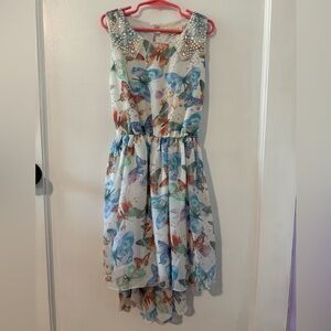 btween Multicolor Butterfly Print Dress with Pearl Details